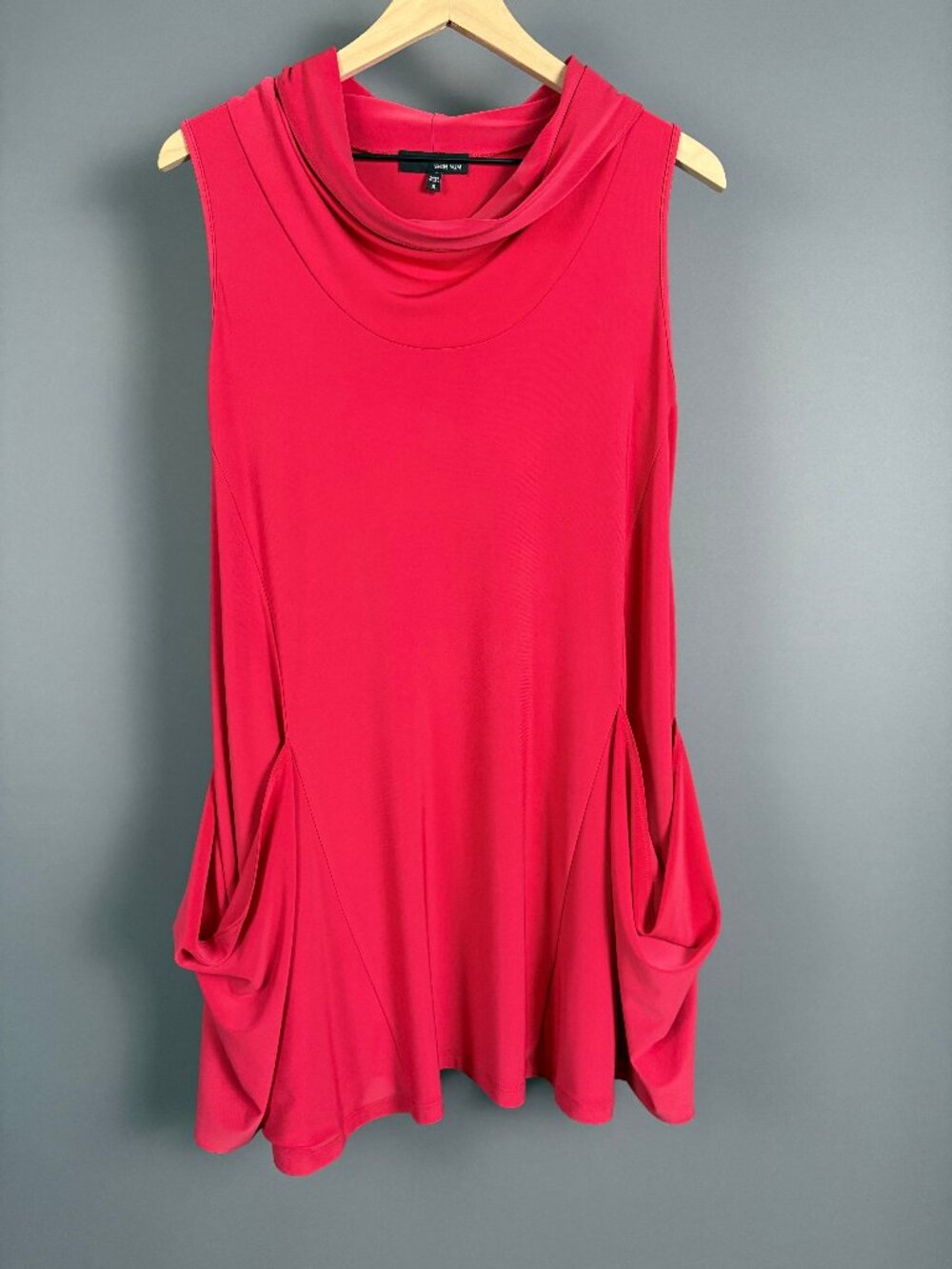 Sun Kim 2 Pocket Tunic Lipstick Red Size S Cowl Neck Lagenlook USA